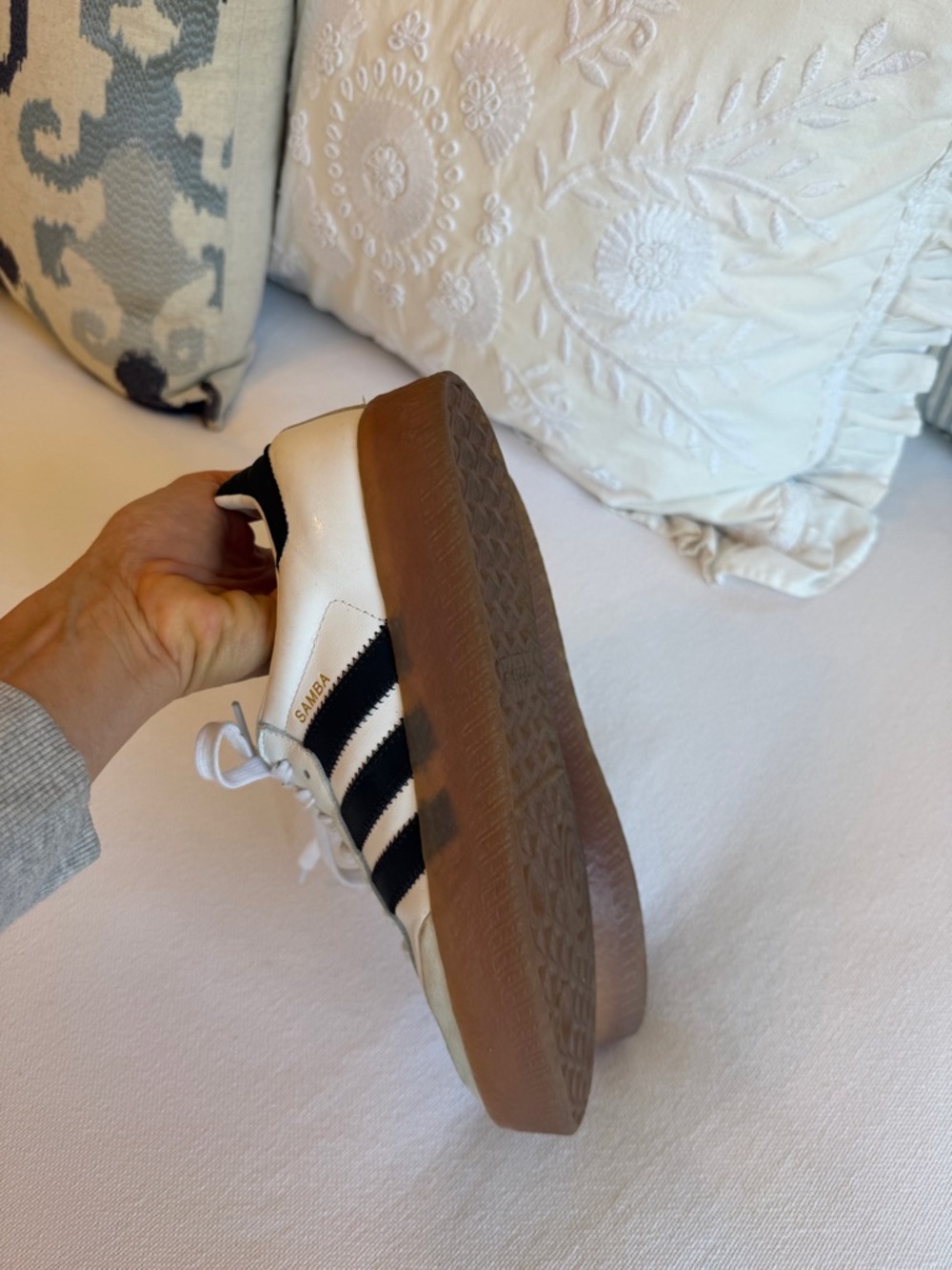 adidas samba White Sneakers with Black Stripes and Gum Sole - Picture 6 of 7
